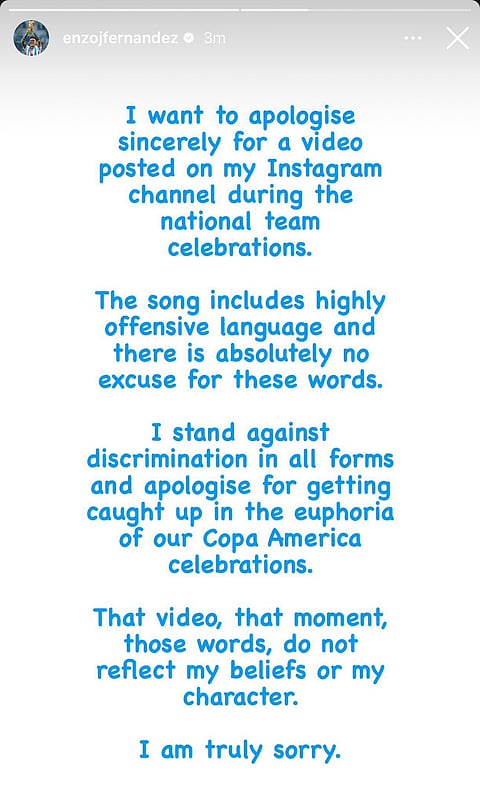 Enzo Fernandez's apology posted on his Instagram story