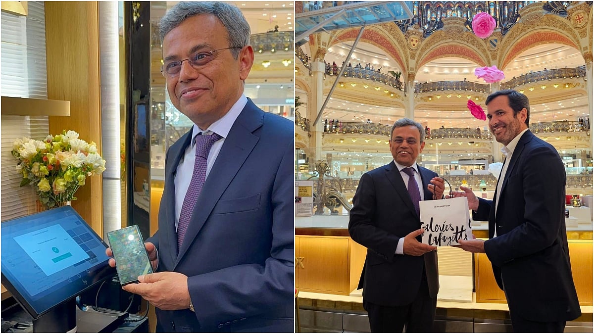 Indian Ambassador Jawed Ashraf (L) launches UPI at Galeries Lafayette by live use.  - X/@JawedAshraf5