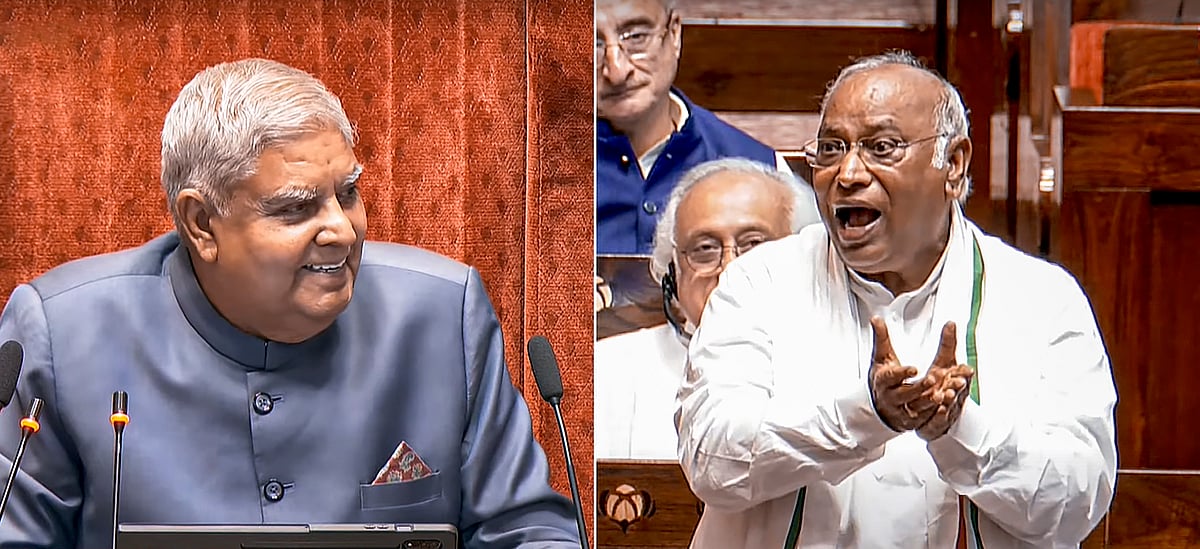 L: Chairman Jagdeep Dhankar | R: RS LoP Mallikarjun Kharge | 