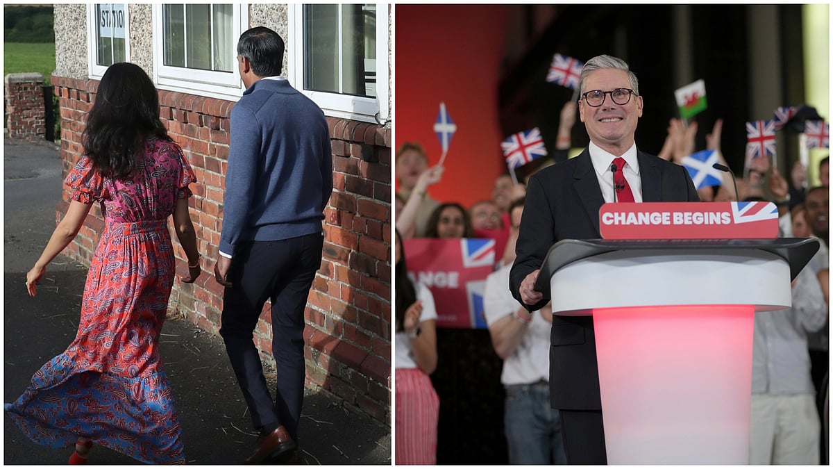 L: Rishi Sunak and wife Akshata Murty exiting a polling booth | R: Labour Party leader Keir Starmer, on course to become next PM
 - AP