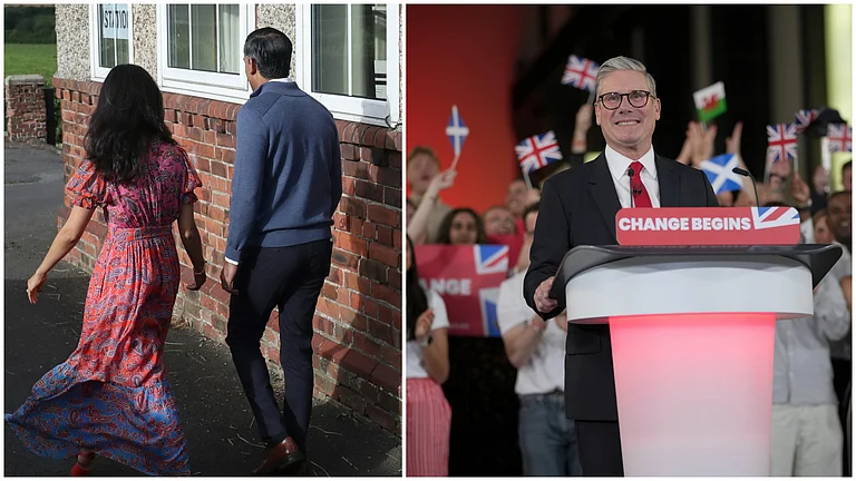 L: Rishi Sunak and wife Akshata Murty exiting a polling booth | R: Labour Party leader Keir Starmer, on course to become next PM
 - AP