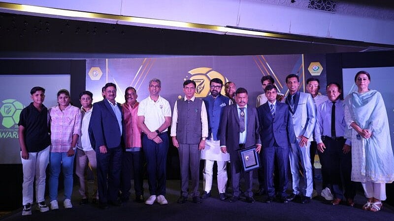 Photo: X/ @IndianFootball : All the winners of the AIFF awards with AIFF President Kalyan Chaubey in New Delhi.