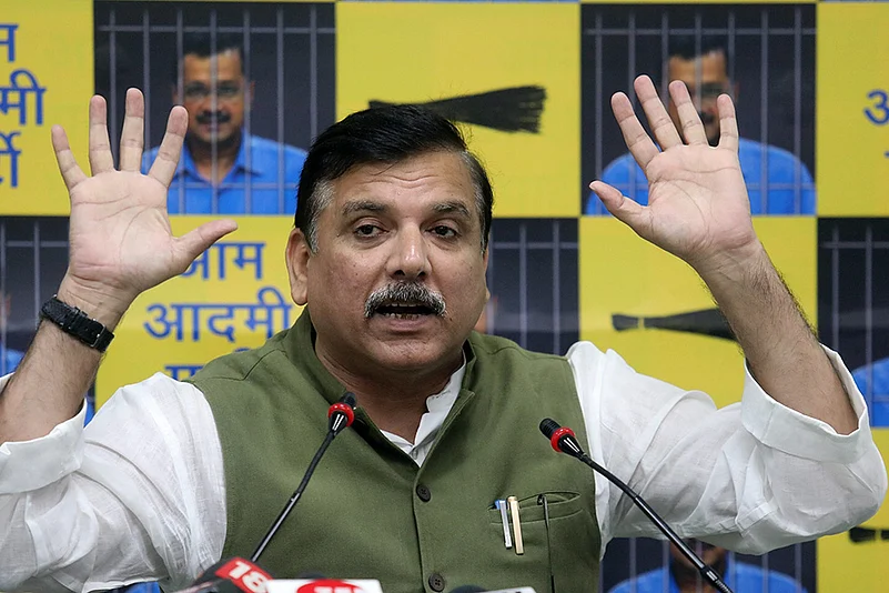 AAP MP Sanjay Singh addresses media in Delhi