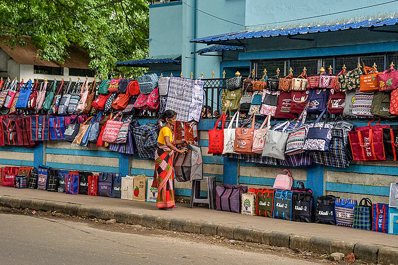 A vendor displays Bags in Siliguri