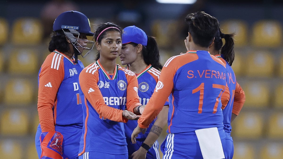 X/BCCI Women : Shreyanka Patil (second from left) celebrates a wicket with teammates during the India vs Pakistan, Women's Asia Cup 2024 match in Dambulla on July 19.