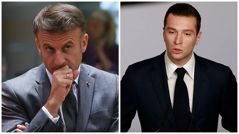 L: France President Emmanuel Macron | R: National Rally President Jordan Bardella - AP