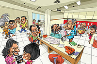 Panic Room: left foreground: Bishwadeep Moitra checks out Namrata Joshi’s DVD cache at the main desk, while Vinod Mehta reads the Riot Act; from the archive by Sandeep Adhwaryu