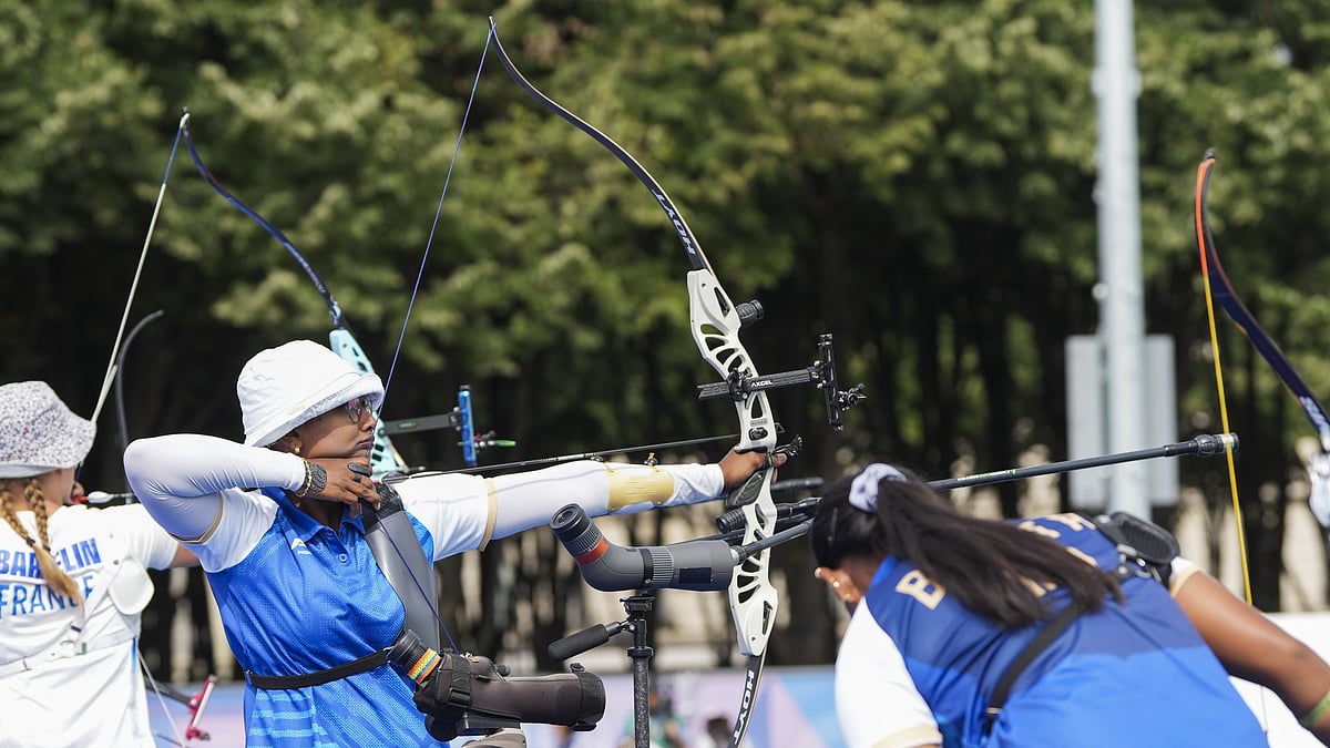 PTI : Deepika Kumari (centre) in action during the women's individual archery ranking round at Paris Olympic Games 2024 on Thursday (July 25).