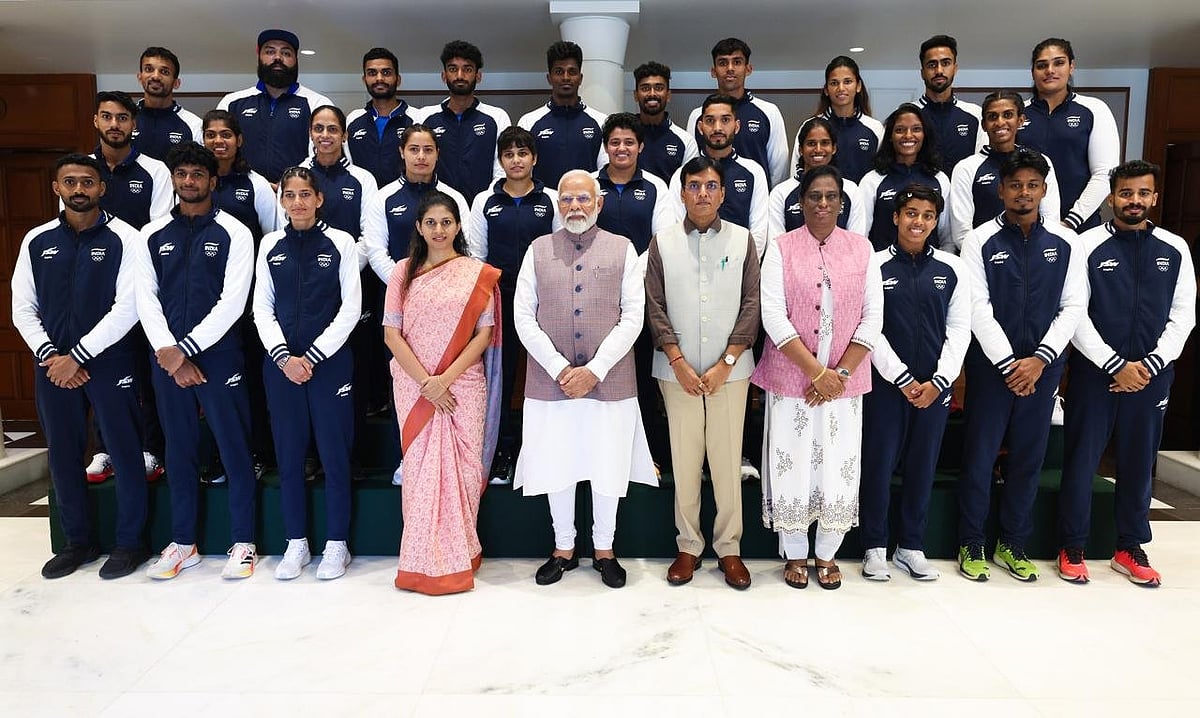 Prime Minister Narendra Modi meet Indian athletes bound for the Paris Olympics. - null