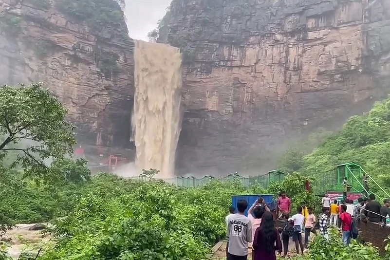 Flooded Tutla Bhawani waterfall in Sasaram of Rohtas