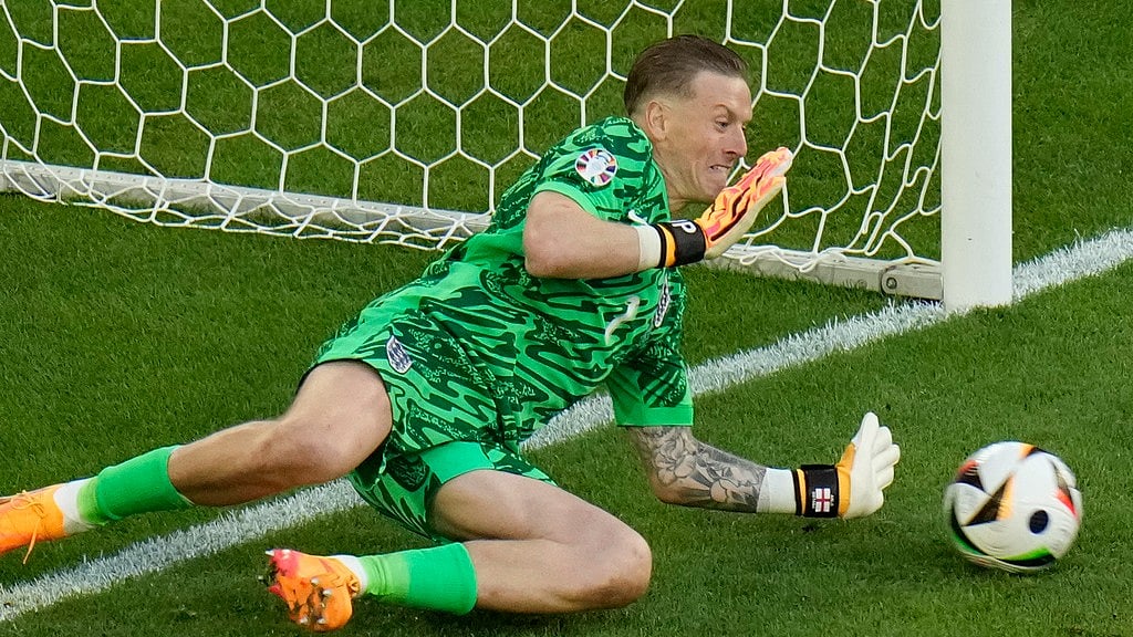 Jordan Pickford makes a save, England vs Switzerland, UEFA Euro 2024 quarterfinal, AP photo