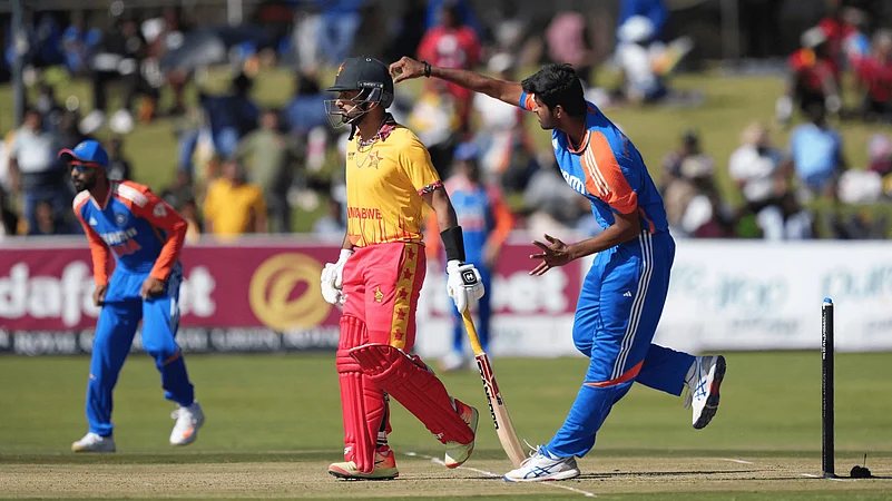 Washinton Sundar bowls in the third T20I against Zimbabwe AP Photo
