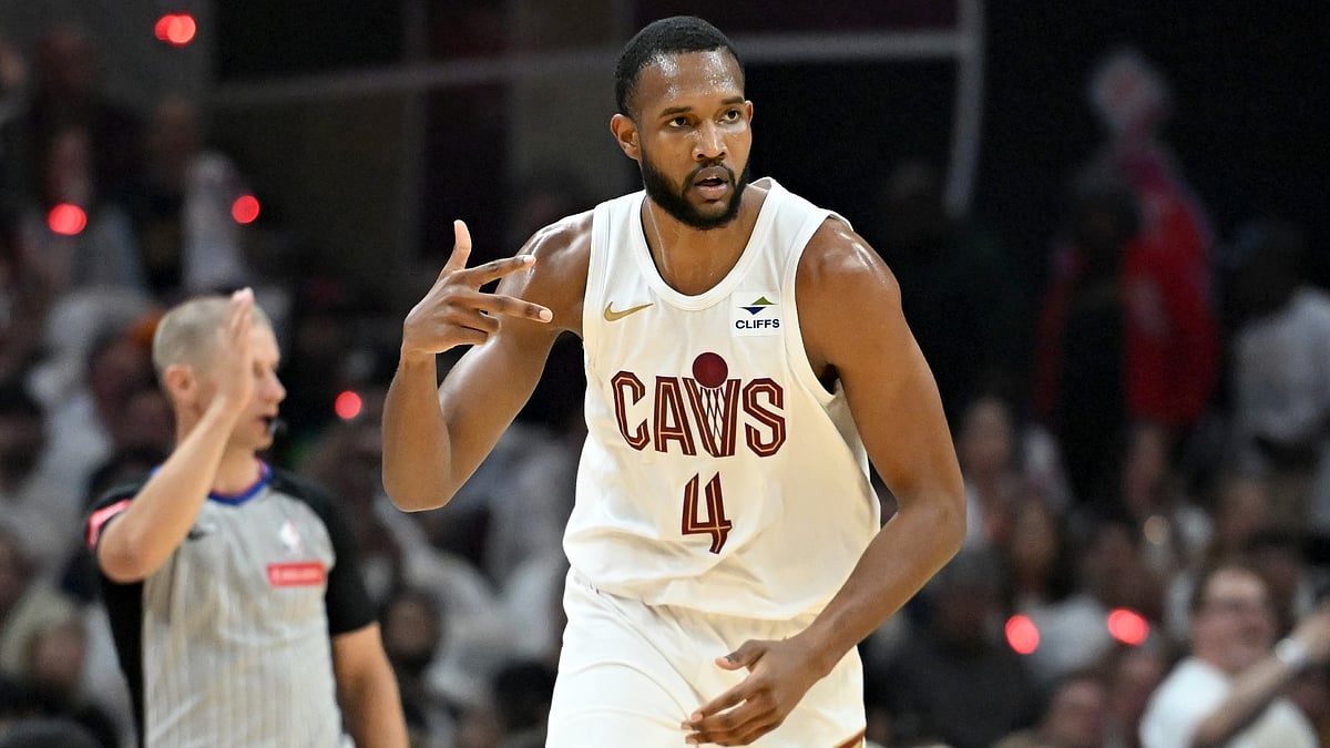 Evan Mobley #4 of the Cleveland Cavaliers reacts during the first quarter in Game Four of the Eastern Conference Second Round Playoffs at Rocket Mortgage Fieldhouse on May 13, 2024 in Cleveland, Ohio. - null