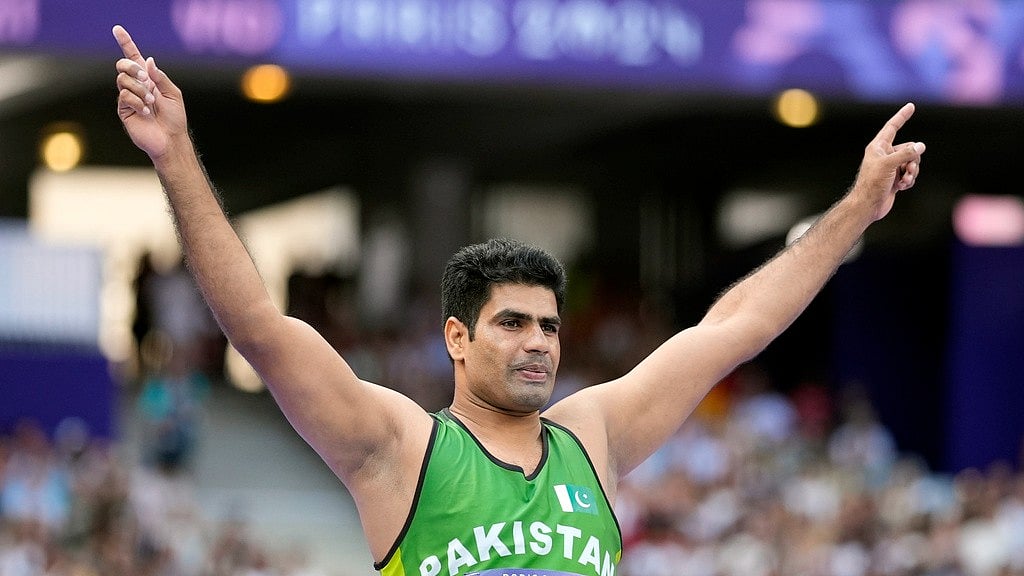 AP/Matthias Schrader : Arshad Nadeem, of Pakistan, competes during the men's javelin throw qualification at the 2024 Summer Olympics, Tuesday, Aug. 6, 2024, in Saint-Denis, France.
