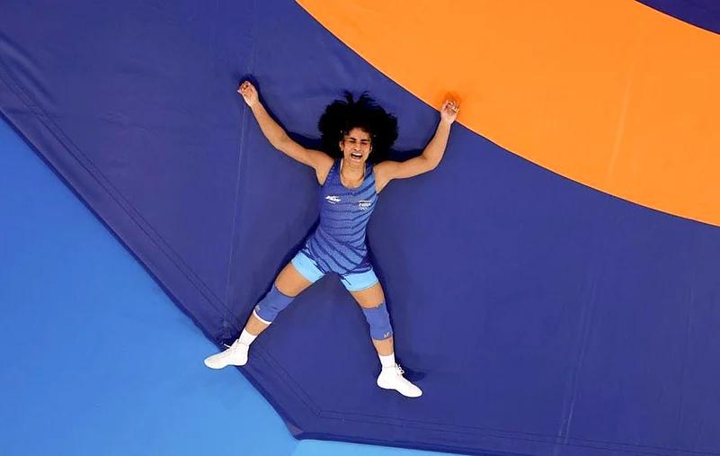 Indias Vinesh Phogat after winning against Japans Yui Susaki