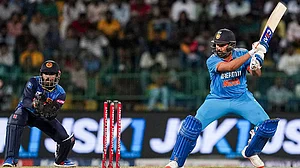 | Photo: PTI/Kunal Patil : Rohit Sharma plays a shot during the first ODI cricket match against Sri Lanka