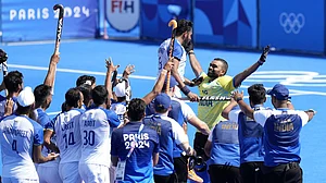 AP : Retiring India goalkeeper PR Sreejesh (in yellow jersey) celebrates with teammates after they beat Spain in the bronze medal match of Paris Olympic Games 2024 on Thursday (August 8).