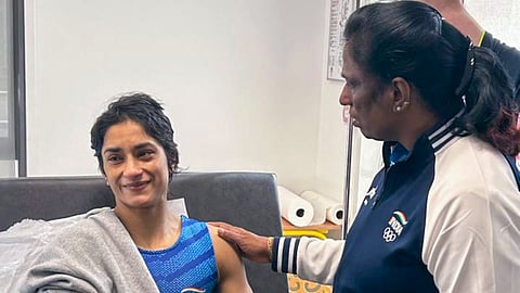 Indian Olympics Association (IOA) President PT Usha meets wrestler Vinesh Phogat after the latter was hospitalised following her disqualification from the Paris Olympics as she was found overweight ahead of her women's 50kg final match, in Paris, France.