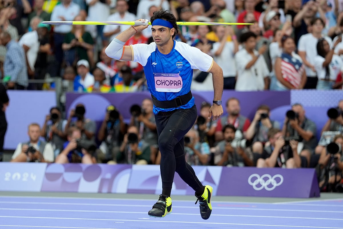  (AP Photo/Matthias Schrader) : Neeraj Chopra, of India, competes during the men's javelin throw final at the 2024 Summer Olympics, Thursday, Aug. 8, 2024, in Saint-Denis, France.