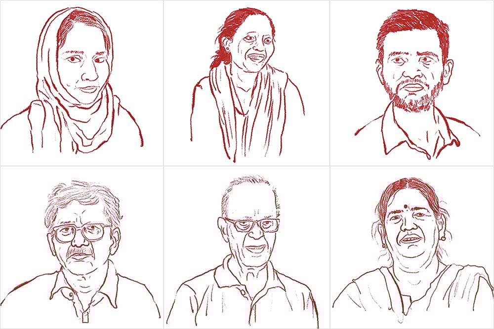 Illustration: Vikas Thakur : Prisoners of Conscience: (Clockwise from top left) Gulfisha Fatima; Suneeta Pottam; Umar Khalid; Sudha Bharadwaj; Fr Stan Swamy; Vernon Gonsalves