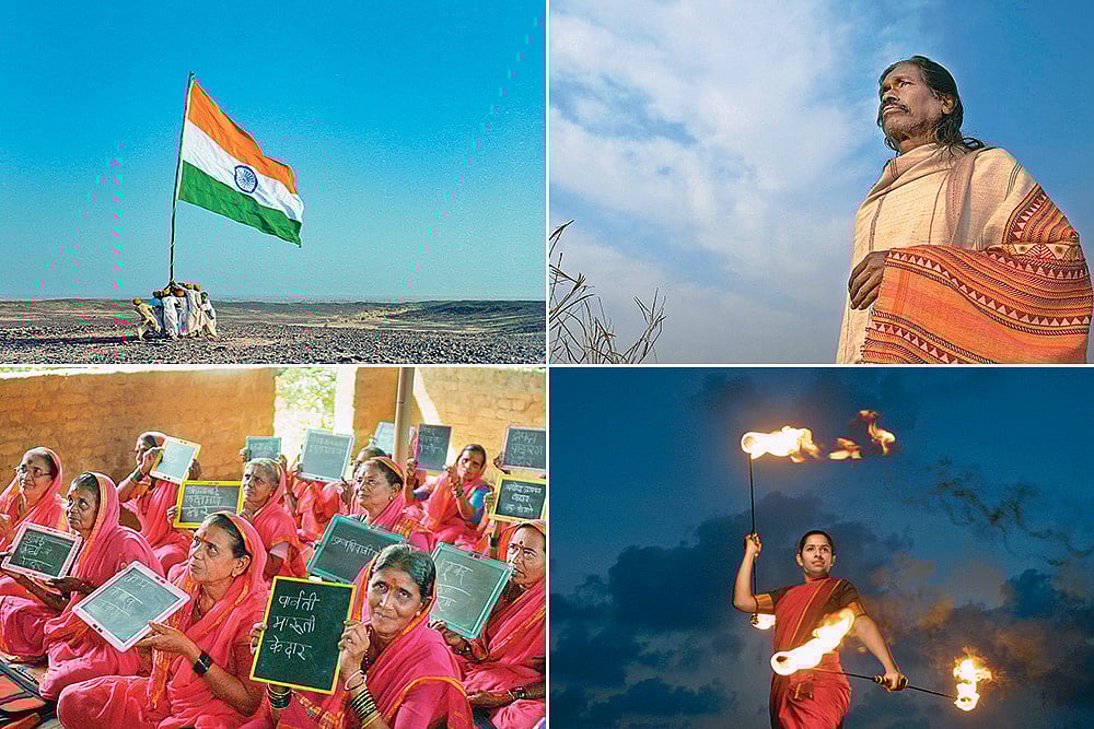 Courtesy: Bharatbala : Catalyts of Change (Clockwise from top left) Screengrabs from Vande Mataram; Gulzar Presents: Haldhar Nag; Silambam; Grandmother’s School In Maharashtra