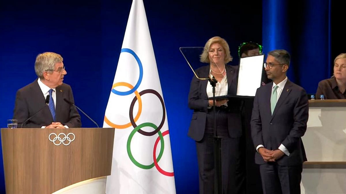 PTI Photo : India's Olympic gold-medallist shooter Abhinav Bindra with others during a ceremony as he was awarded the prestigious Olympic Order by the International Olympic Committee (IOC) at the 142nd IOC Session, in Paris, France.