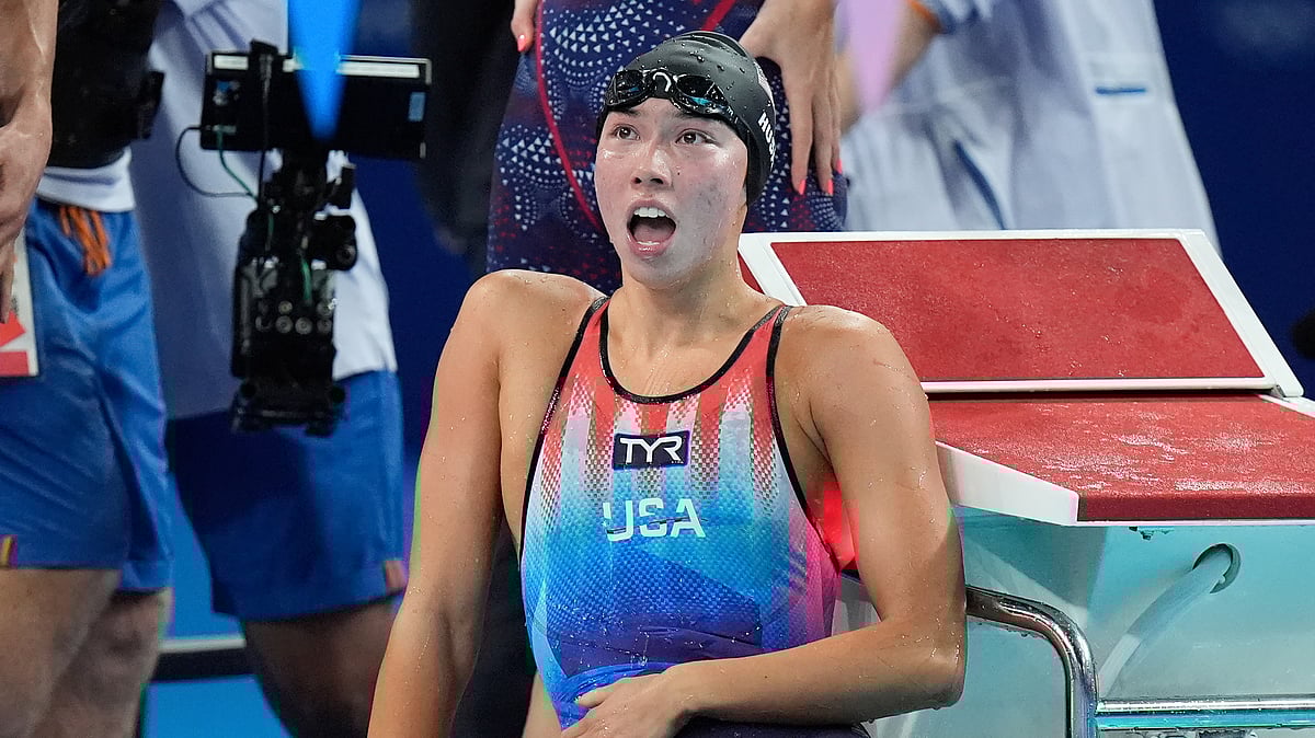 United States' Torri Huske celebrates winning the last lap in the mixed 4x100-meter medley relay final at the Summer Olympics in Nanterre, France. - AP Photo/Brynn Anderson