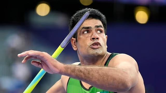 AP : Arshad Nadeem in action during the men's javelin throw final at the Paris Olympics.