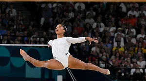 AP Photo/Charlie Riedel : Jordan Chiles, of the United States, competes during the women's artistic gymnastics individual floor finals at Bercy Arena at the 2024 Summer Olympics, Monday, Aug. 5, 2024, in Paris, France.