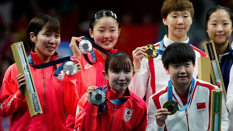 Medal ceremony of the womens team table tennis match at the 2024 Summer Olympics
