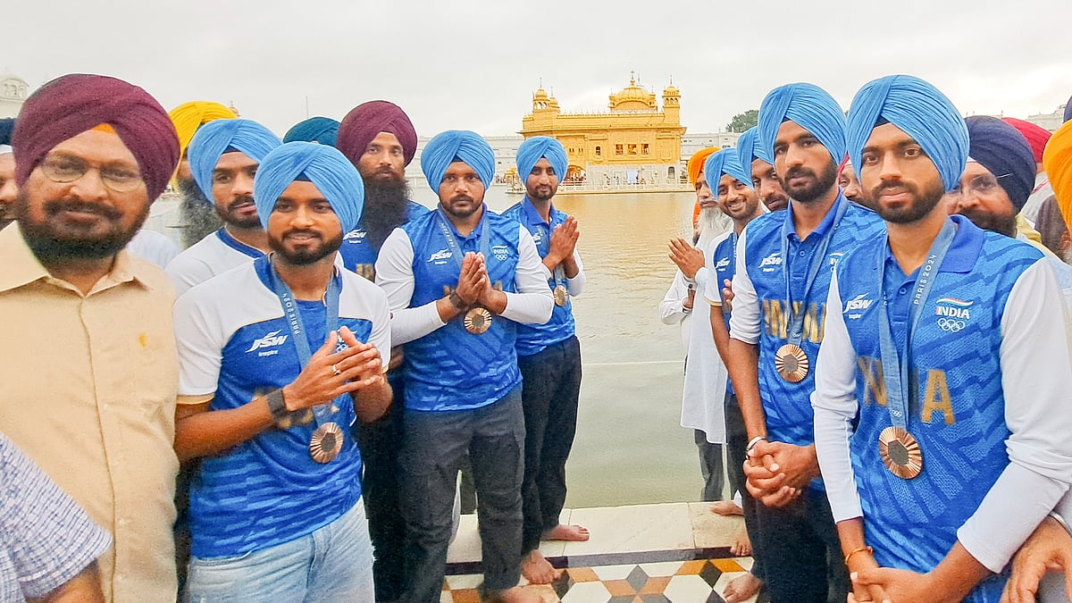 PTI : Paris Olympic Bronze medalist Indian Hockey players at the Golden temple, in Amritsar, Sunday, Aug. 11, 2024.