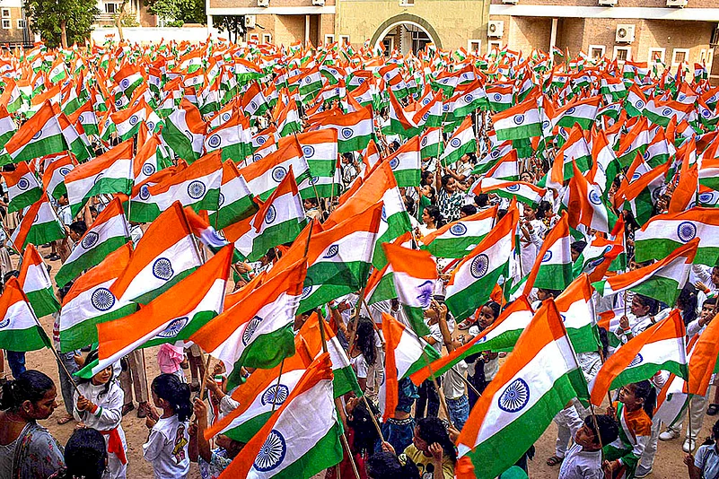 School students take part in a tiranga yatra during in Bikaner