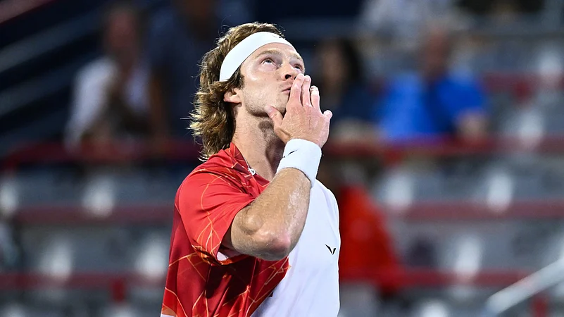 Andrey Rublev celebrates his semi-final win in Montreal