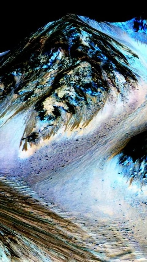 Streaks called recurring slope lineae flowing downhill on Mars |
