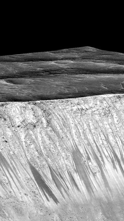 Dark streaks called recurring slope lineae emanating out of crater walls on Mars |