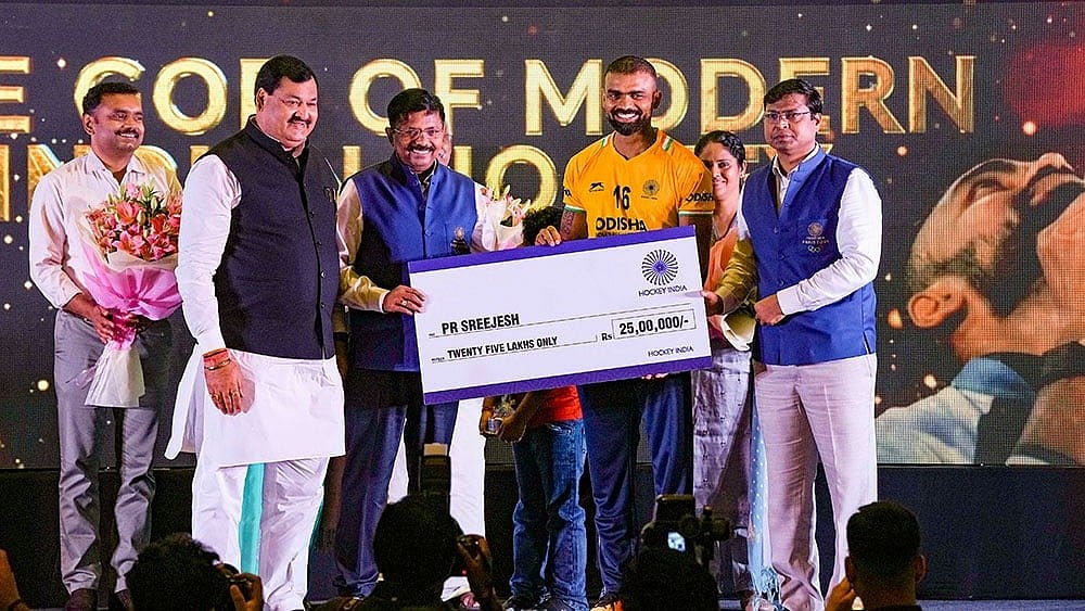 Photo: PTI/Arun Sharma : Felicitation ceremony of PR Sreejesh