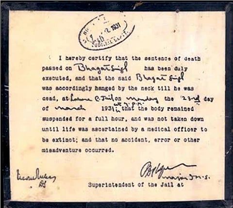 Death Certificate of Freedom Fighter Bhagat Singh - Archives of the British Government in India