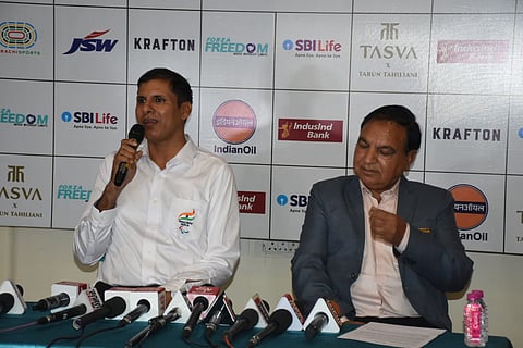 Paralympic Committee of India president Devendra Jhajharia addresses the media ahead of the Paris Paralympic Games 2024.