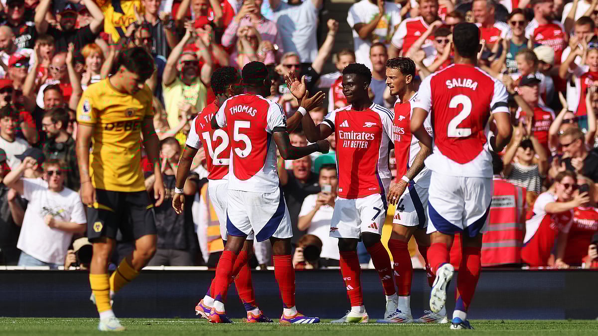 Bukayo Saka celebrates for Arsenal