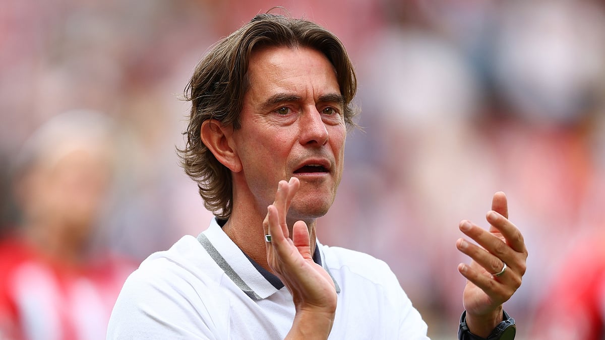 Thomas Frank applauds the Brentford supporters after their 2-1 victory over Crystal Palace.
