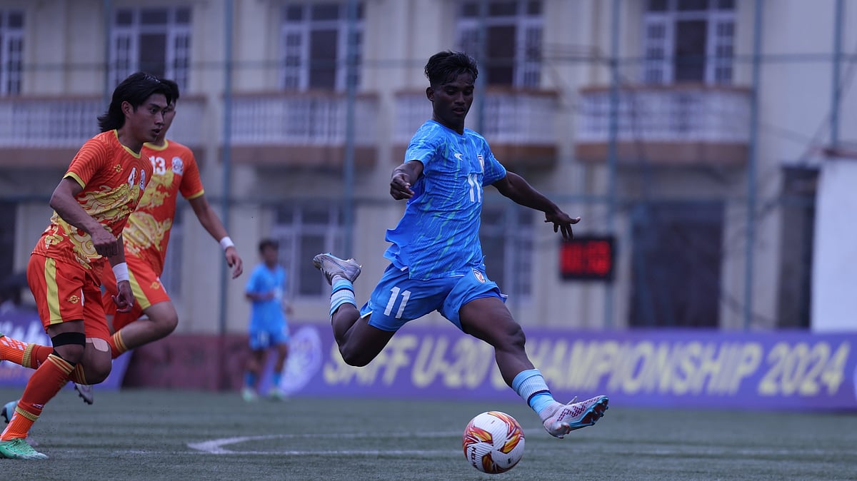 AIFF Media : India's Monirul Molla (right) in action during the SAFF U-20 Championship game against Bhutan.