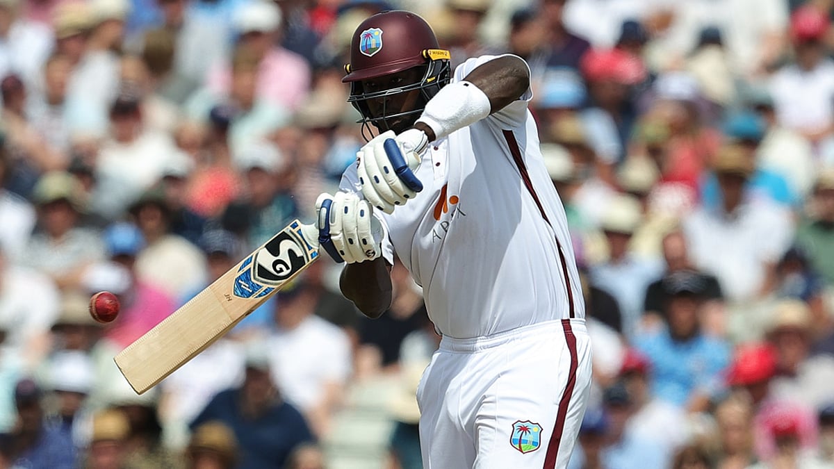 Jason Holder bats for the West Indies in the Third Test Match against England at Edgbaston Stadium.