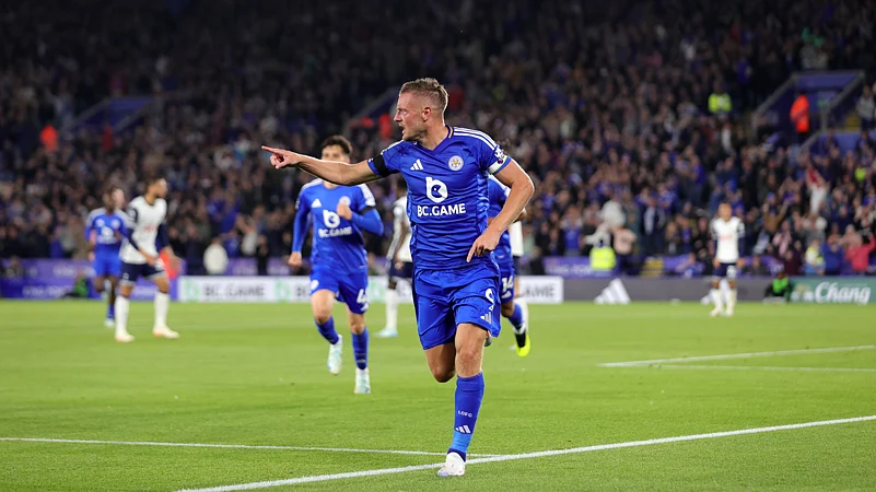 Leicester City striker Jamie Vardy celebrates
