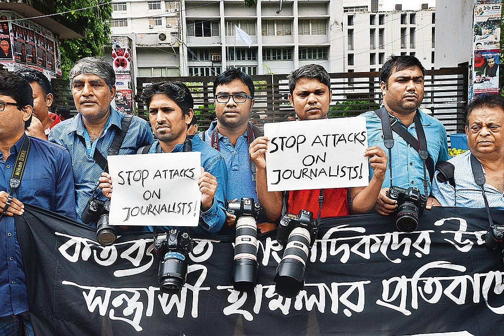 Bangladeshi journalists protest 
against attacks on the media in Dhaka