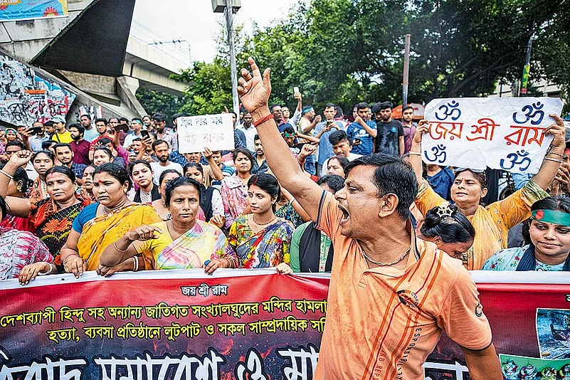 Bangladeshi Hindus hold a protest rally at Dhaka condemning the attacks on minority communities
