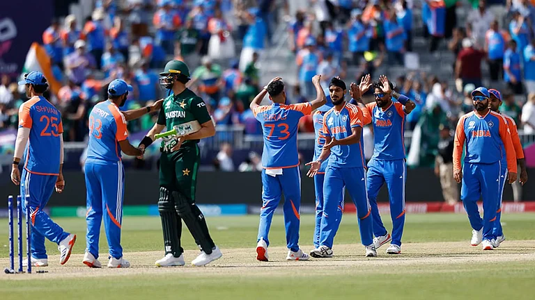 File photo of Indian players celebrating their win in the ICC T20 World Cup match against Pakistan at the Nassau County Cricket Stadium in New York. - AP