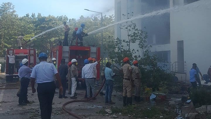 Firefighters dousing the flame at the pharma unit in Andhra Pradesh - X/ @umasudhir