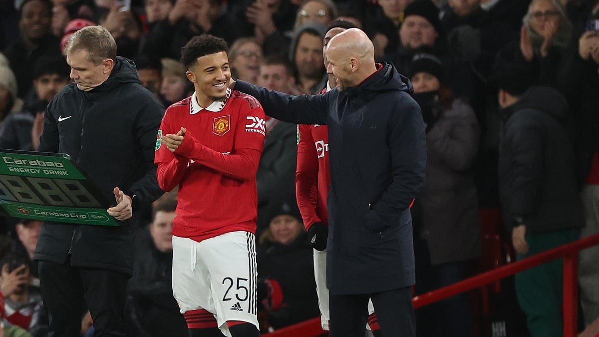 Manchester United manager Erik ten Hag with Jadon Sancho