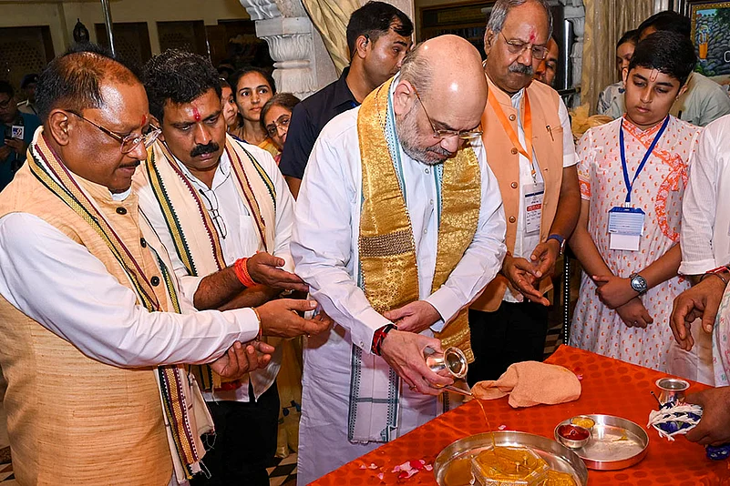 Amit Shah, Chhattisgarh Chief Minister Vishnu Deo Sai, Deputy Chief Minister Vijay Sharma in Raipur