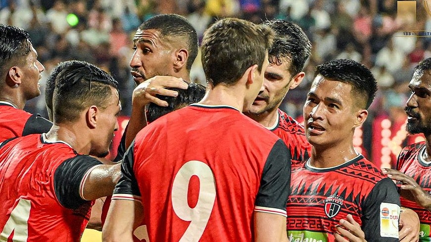 X | North East United FC : North East United celebrate during the Durand Cup 2024 quarterfinals. 
